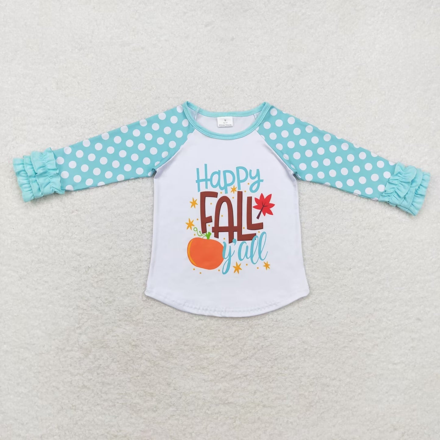 rts no moq 6 A13-11 Pumpkin letter maple leaf polka dot lace sleeve top