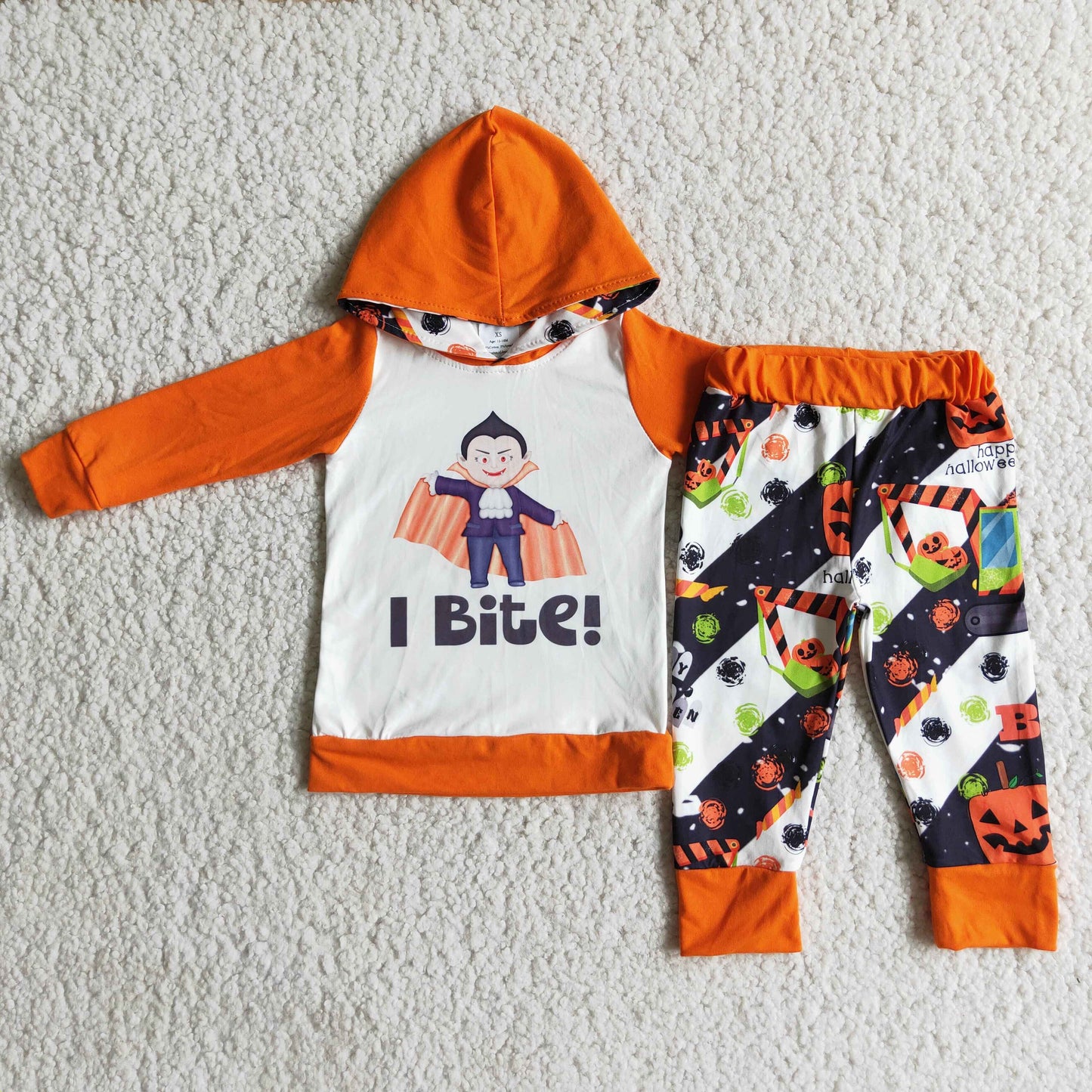 RTS NO MOQ(In Stock) 6 A5-2 I Bite orange hooded sweatshirt set
