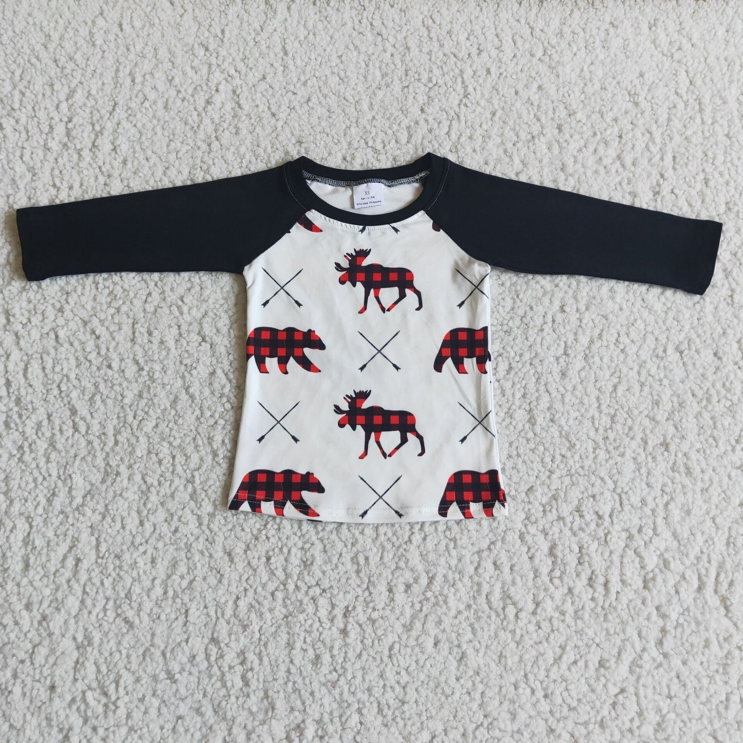 RTS NO MOQ(In Stock) 6 B6-32 Plaid Bear Black Long Sleeve Boys Top