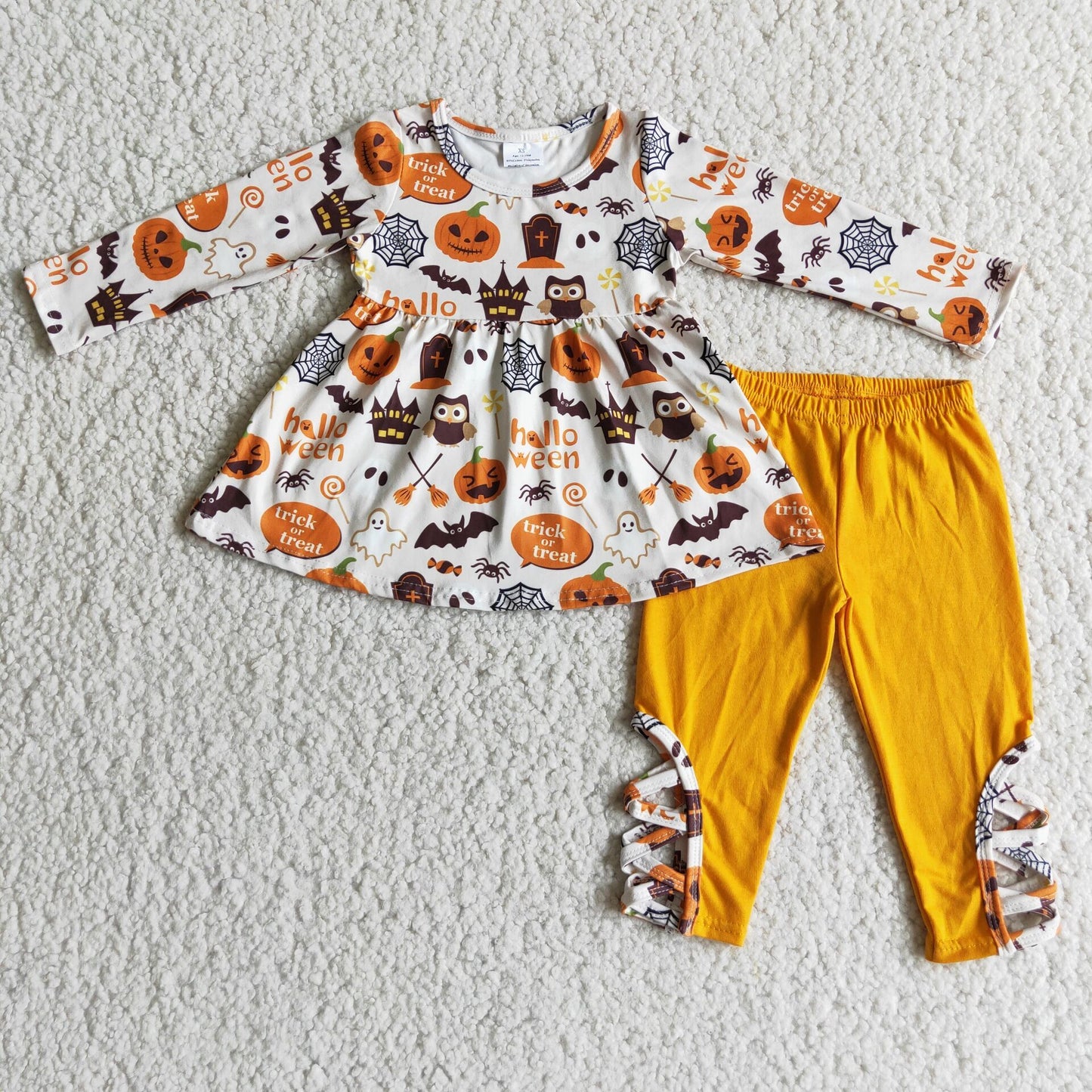 RTS NO MOQ 6 C7-38 Halloween Pumpkin Long Sleeve Top Yellow Pants Suit