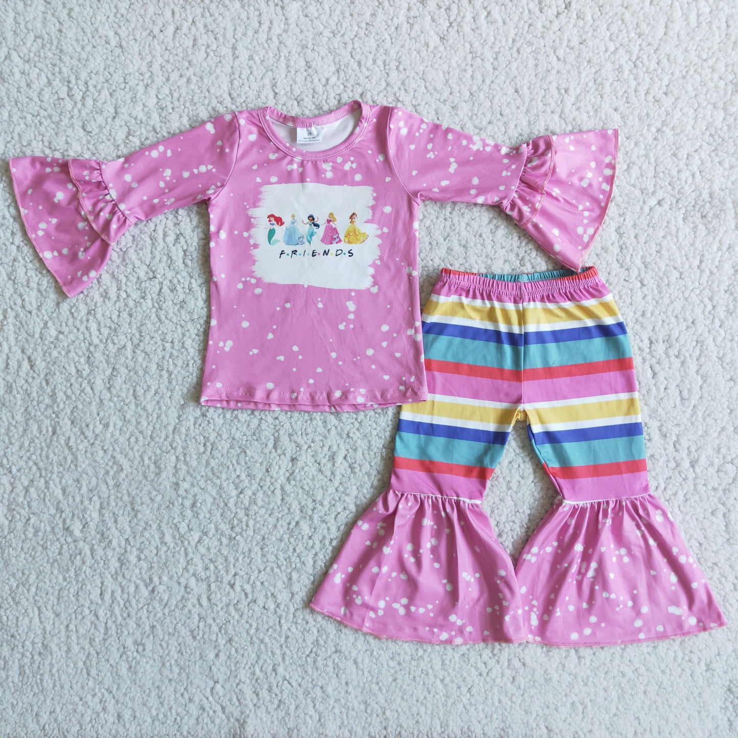 RTS NO MOQ ETA 5/7days Arrived 6 C8-3 Friends Pink Cartoon Long Sleeve Colorful Striped Pants Suit