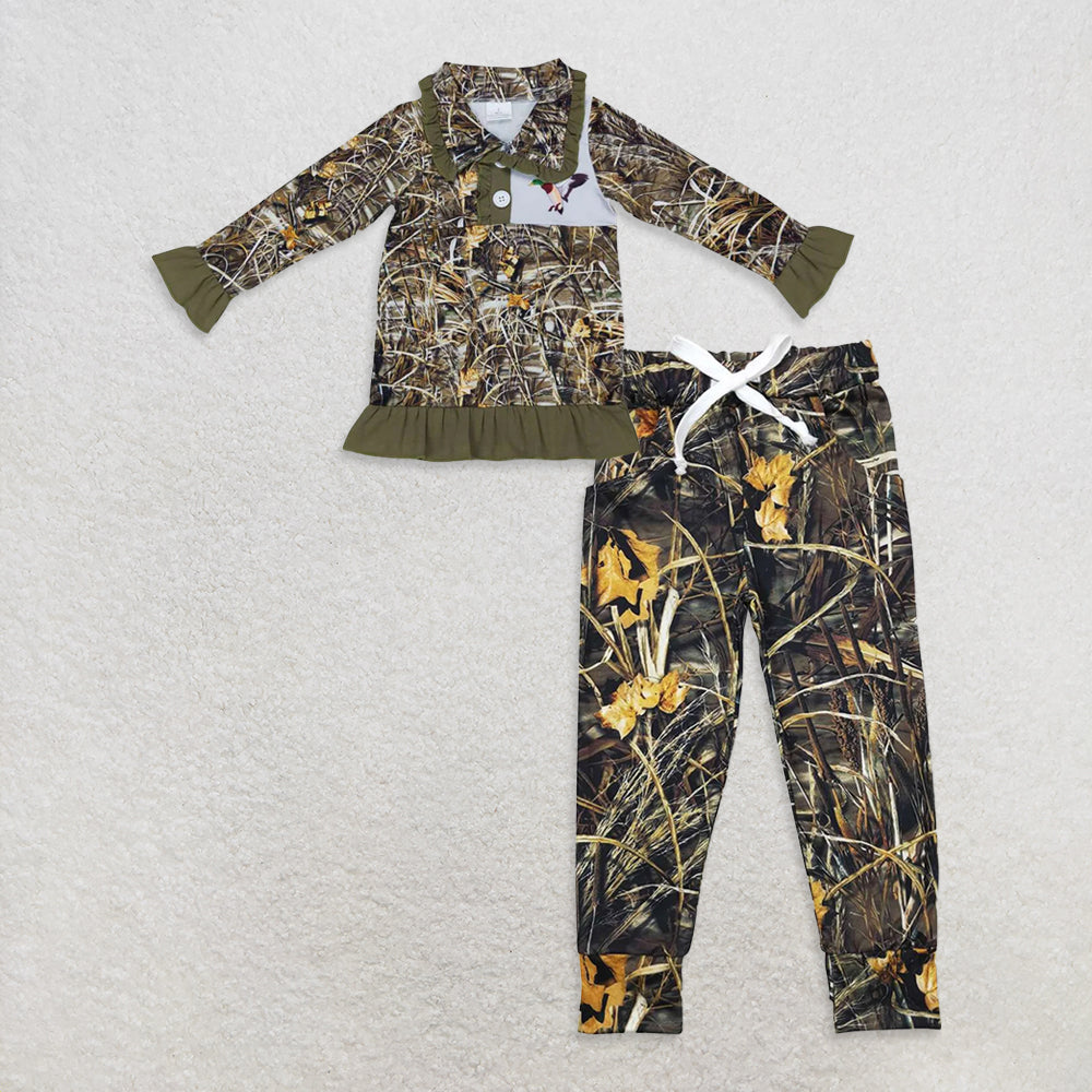 RTS NO MOQ GT0312 + P0434 Baby Girls Camo Hunting Duck Ruffle Pullover Jackets Tops Camo Branches Pockets Pants