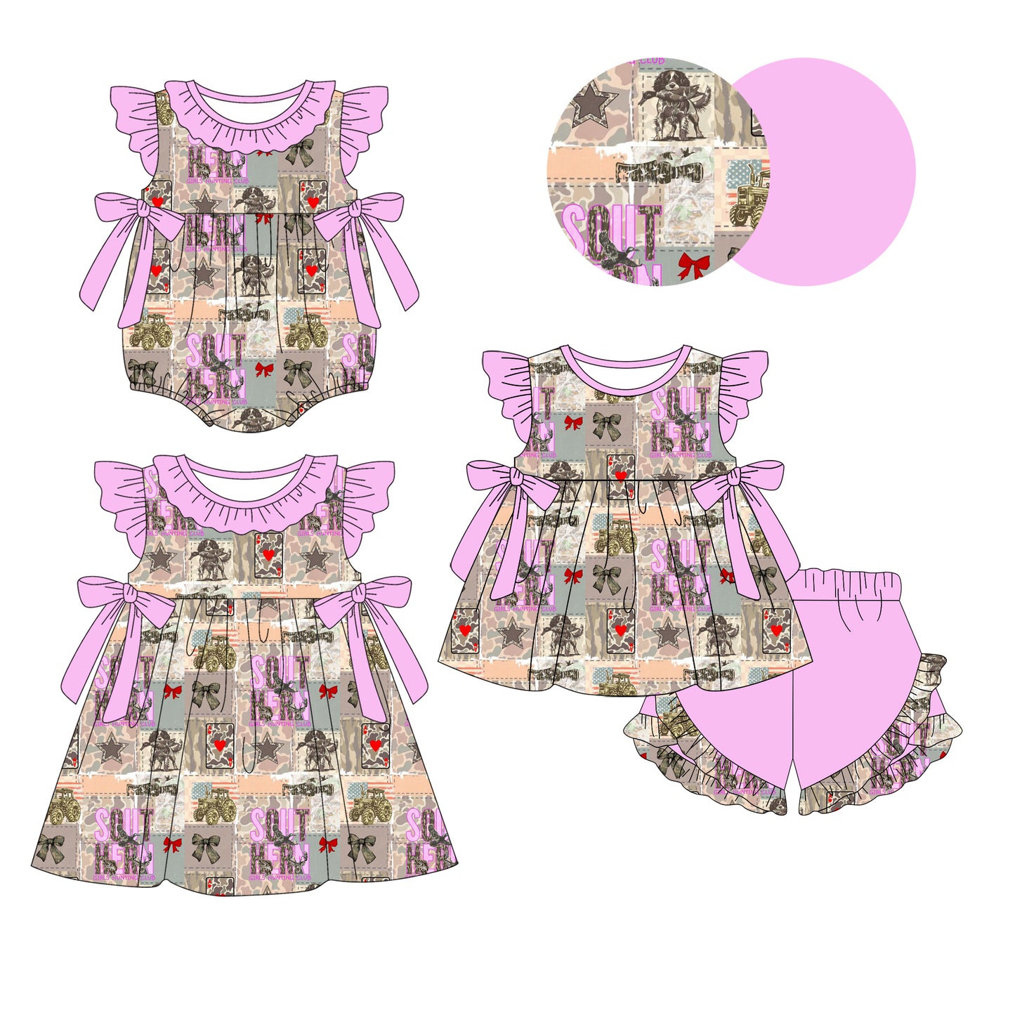 26.1.6 custom each style moq 5 eta 6-8week Sibling Sister duck puppy bow baby short sleeve shorts sets and romper and dress match design