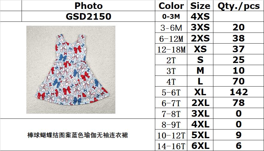 RTS NO MOQ GSD2150 Baseball bow pattern blue yoga sleeveless dress