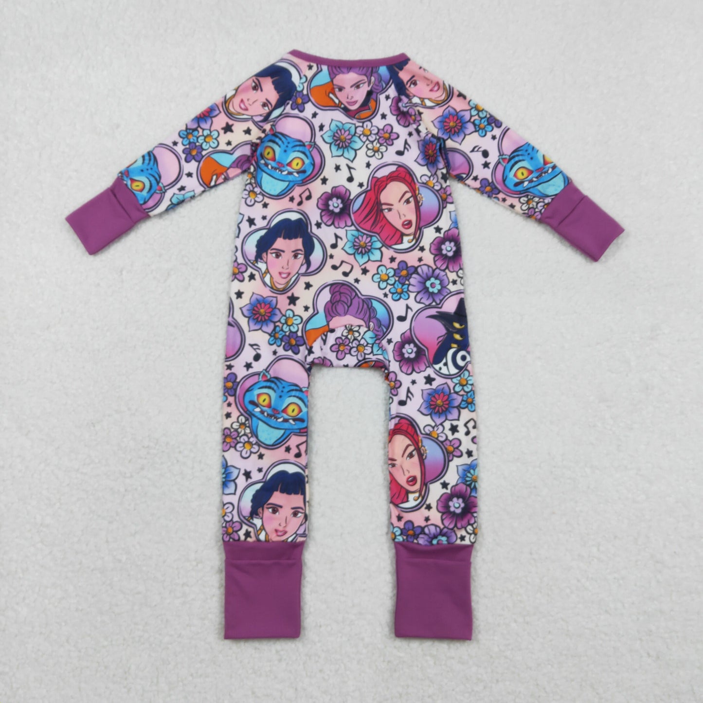 RTS NO MOQ(In Stock ) LR2732 Kpop Floral Music Cartoon Purple Zipper Long-Sleeved Jumpsuit
