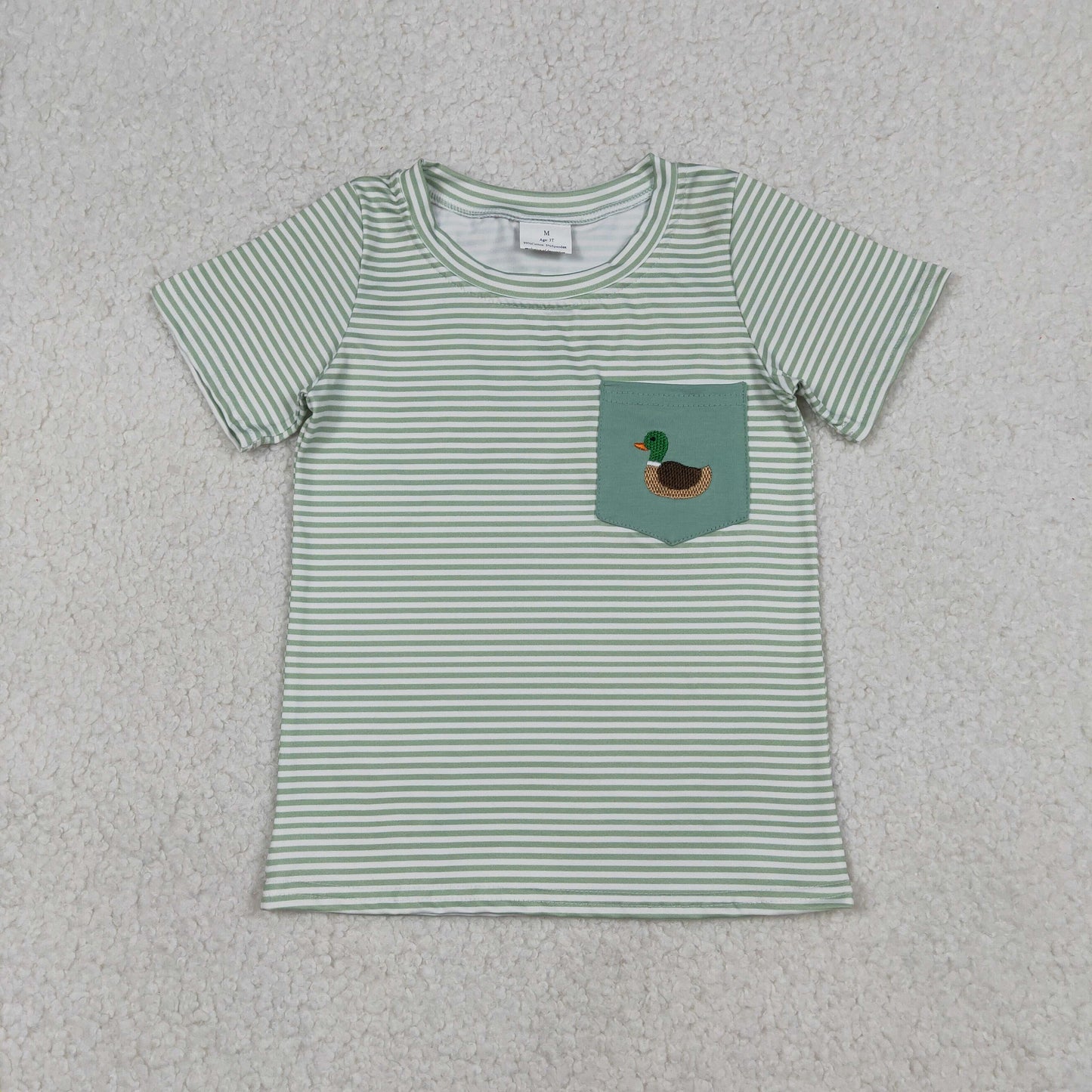RTS NO MOQ(In Stock) Embroidered Duck Pocket Green Striped Short-Sleeve Top