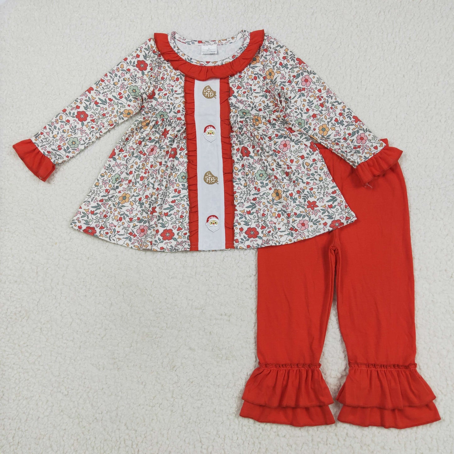 RTS NO MOQ(In Stock) GLP2365 Embroidered cookie, Santa Claus, flowers, leaves, and red lace long-sleeved pants set