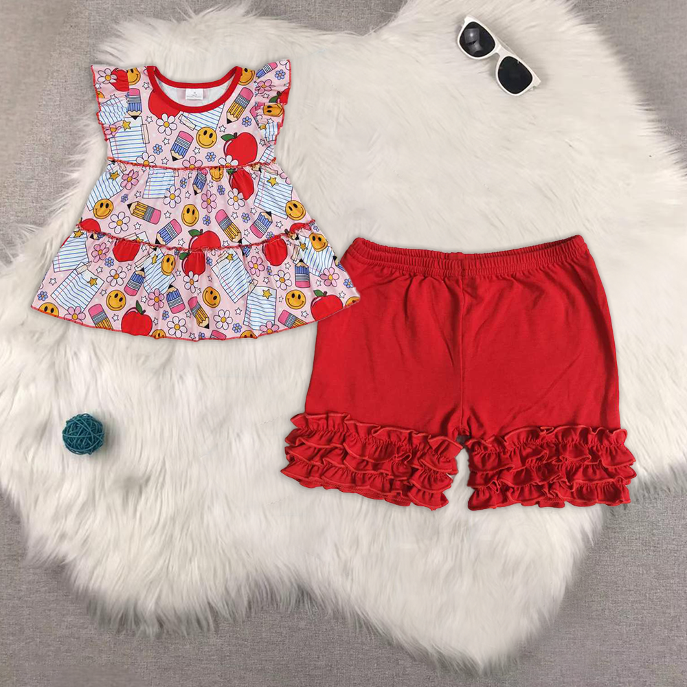 RTS NO MOQ ETA 5/7days arrived GT0575+A16-23 Smiley face flower pencil apple flying sleeve top Red shorts sets