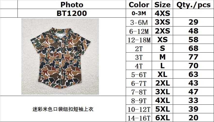 RTS NO MOQ BT1200 Camouflage beige pocket button short-sleeved top