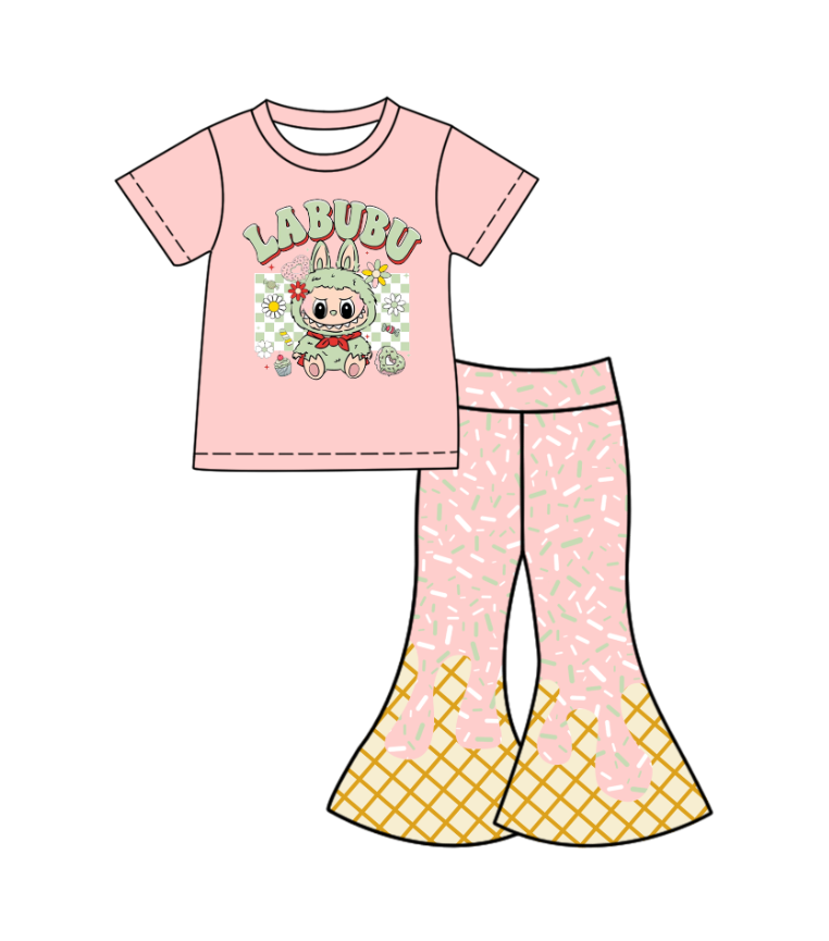 Custom moq 5 mix size milk silk baby girl clothes cartoon pink short sleeve pants sets