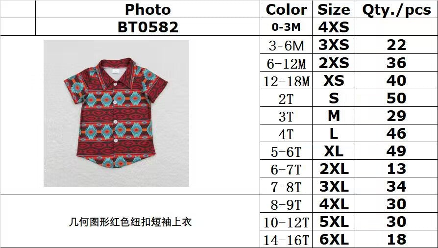 BT0582 Geometric red button short-sleeved top