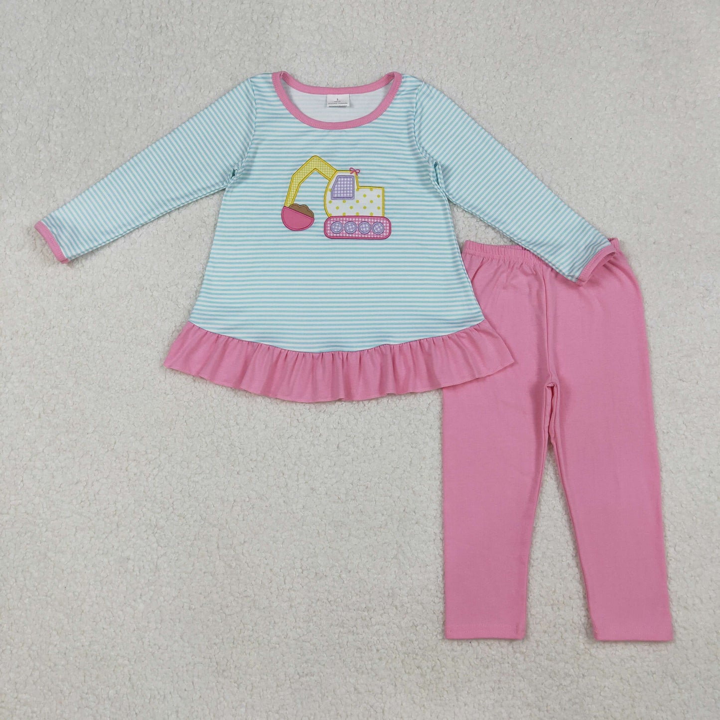 RTS NO MOQ(In Stock) GLP2466 Pink Long-Sleeved Pantsuit with Embroidered Bow and Construction Truck Blue Stripes
