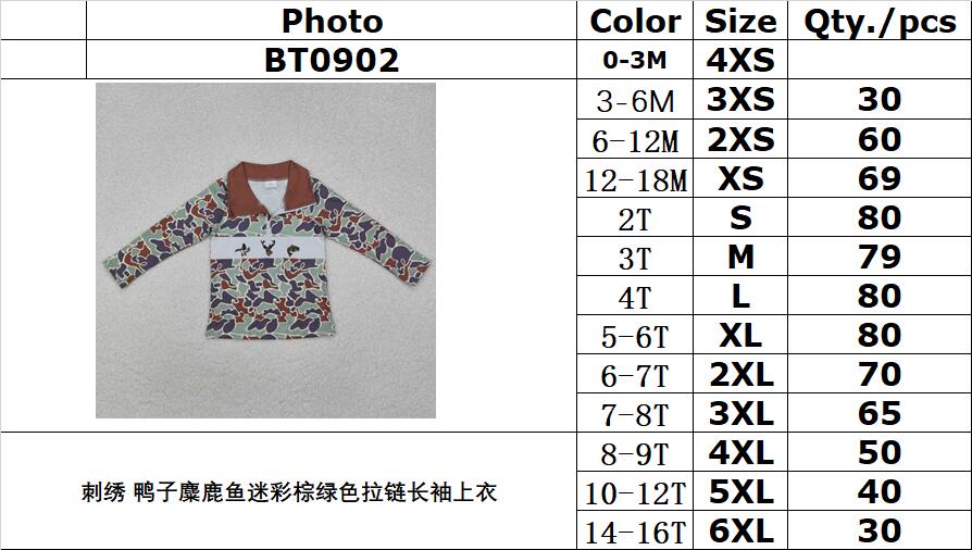RTS NO MOQ ETA 5/7days Arrived BT0902 Embroidered duck elk fish camouflage brown-green zippered long-sleeved top