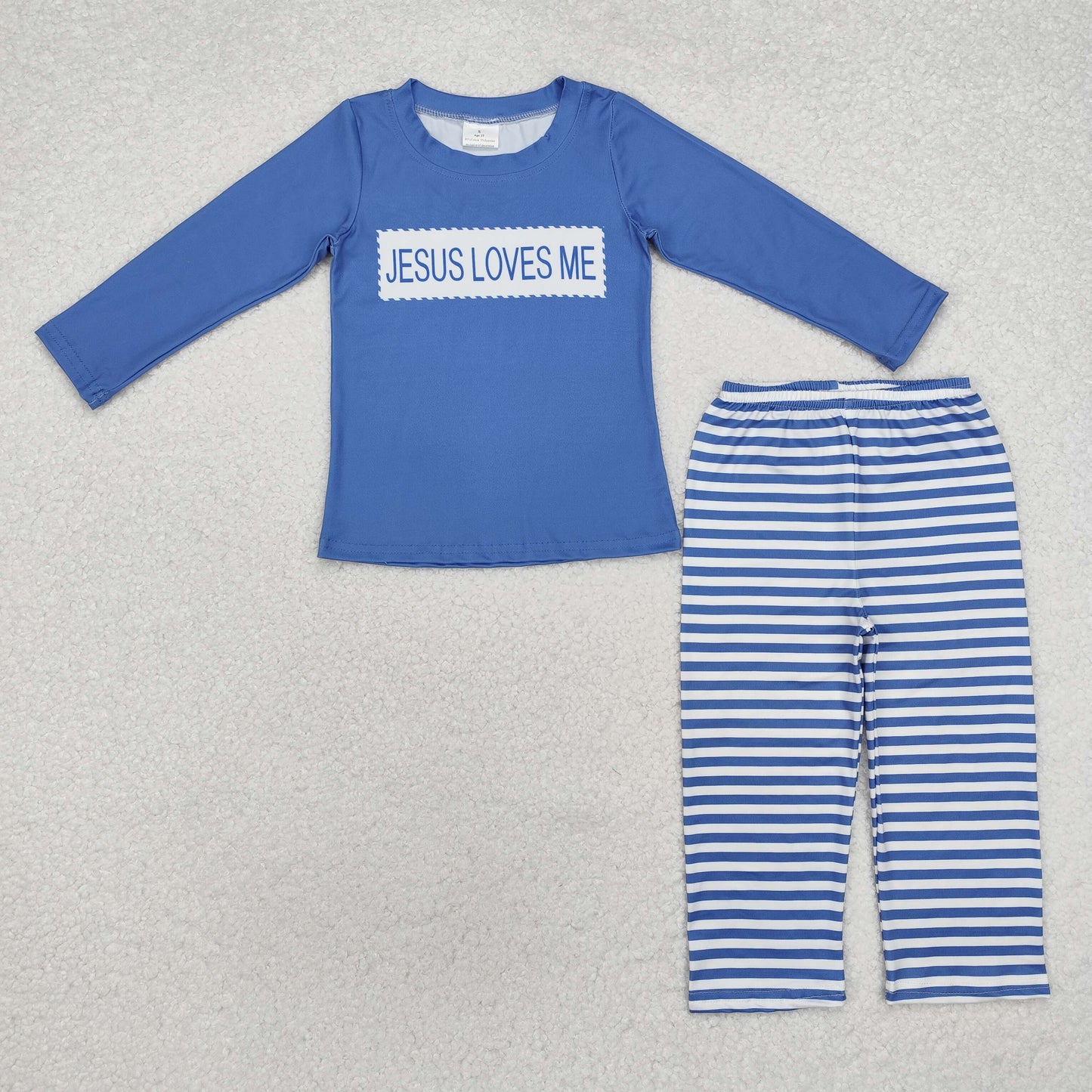 RTS NO MOQ(In Stock) jesus loves me blue long-sleeved striped trousers suit
