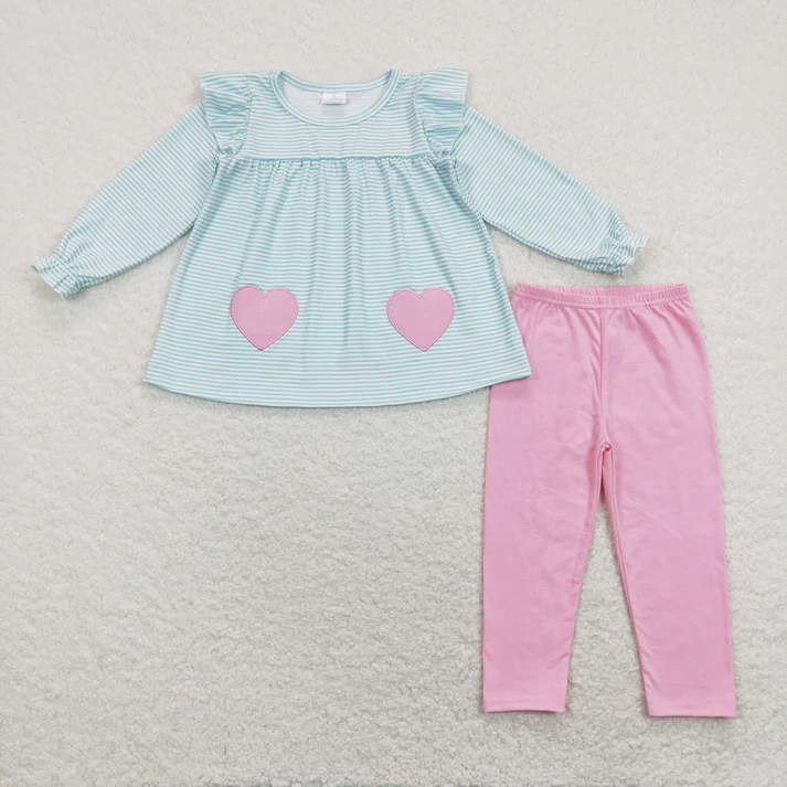 RTS NO MOQ Sibling Baby girl clothes valentine embroidery love long-sleeved trousers suits