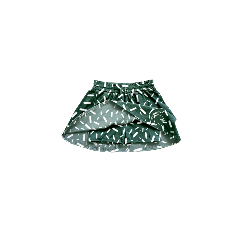 Custom moq 5 mix size sprinkle shorts and skirts with green and gold girls skirts