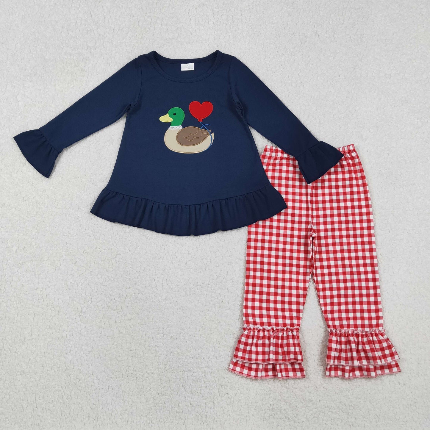 RTS NO MOQ(In Stock) Navy blue long-sleeved red and white plaid trouser suit with embroidered Valentine's Day heart duck