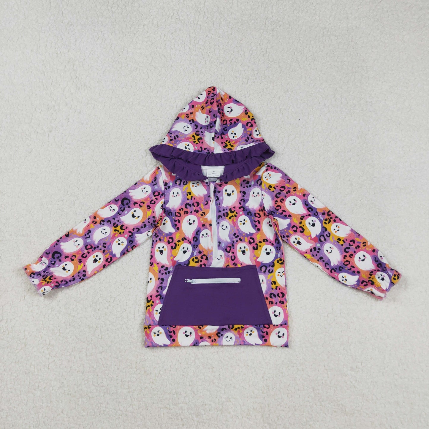 RTS NO MOQ(In Stock) GT1155 Halloween ghost leopard print purple zip-up pocket hooded long-sleeved top
