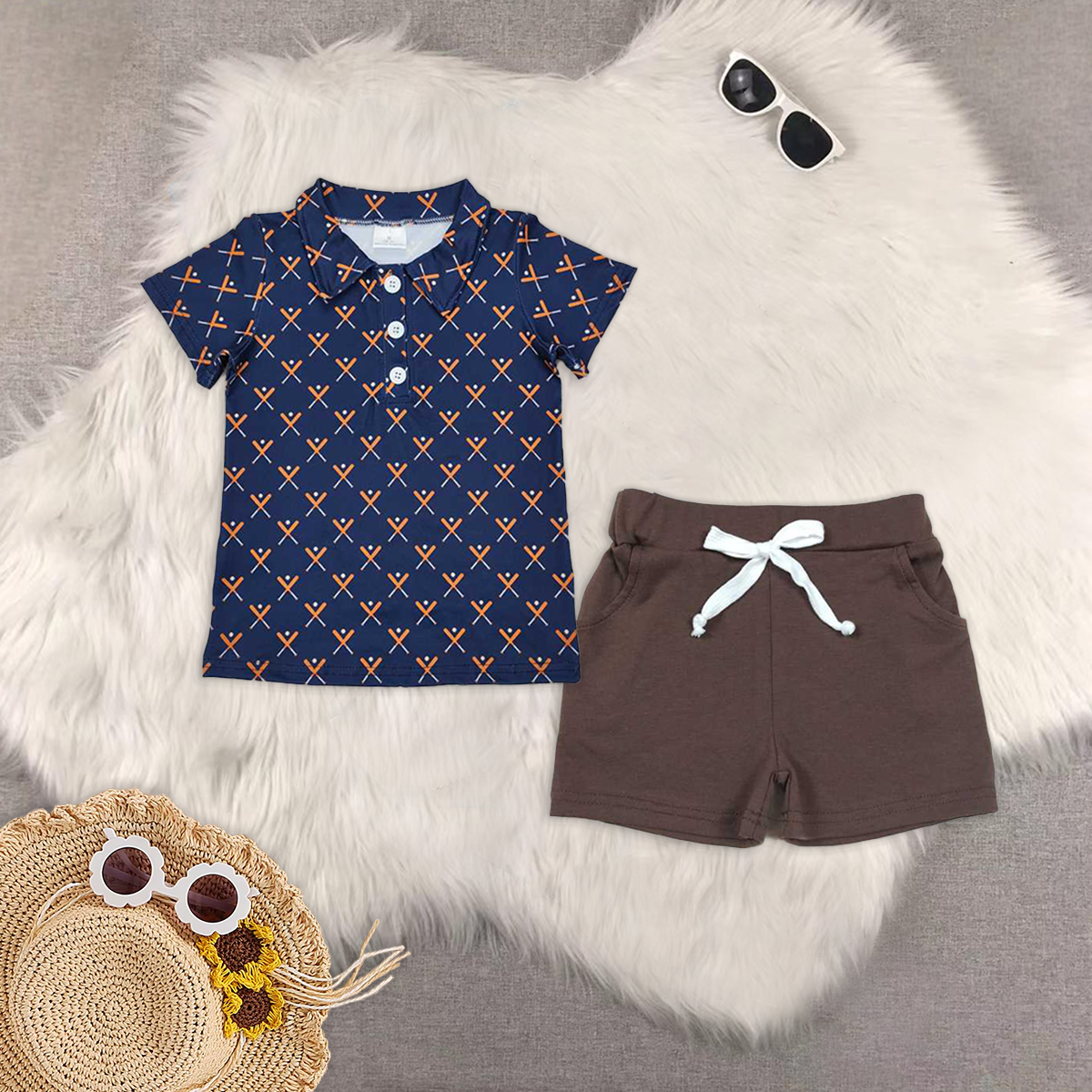 RTS NO MOQ BT1120+SS0134 baby boy clothes navy blue short-sleeved top Brown pocket shorts sets