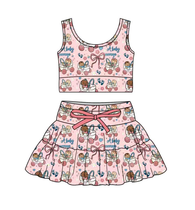 Custom moq 5 mix size milk silk baby girl clothes summer cartoon bow sleeveless skirts sets