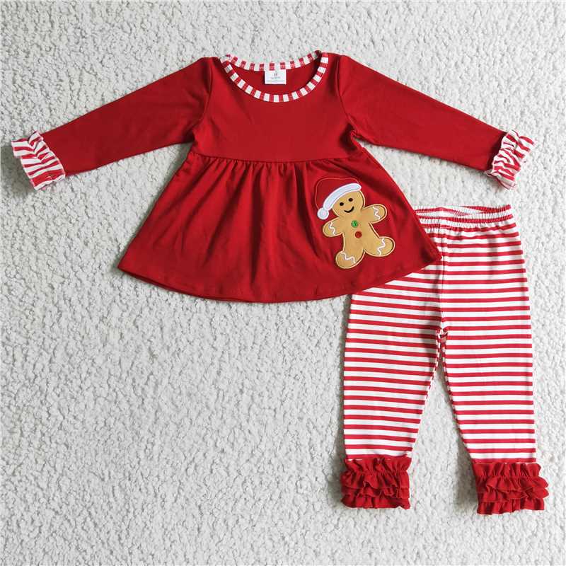 RTS NO MOQ(In Stock) GLP0296 Embroidered Christmas Long Sleeve Pants Set