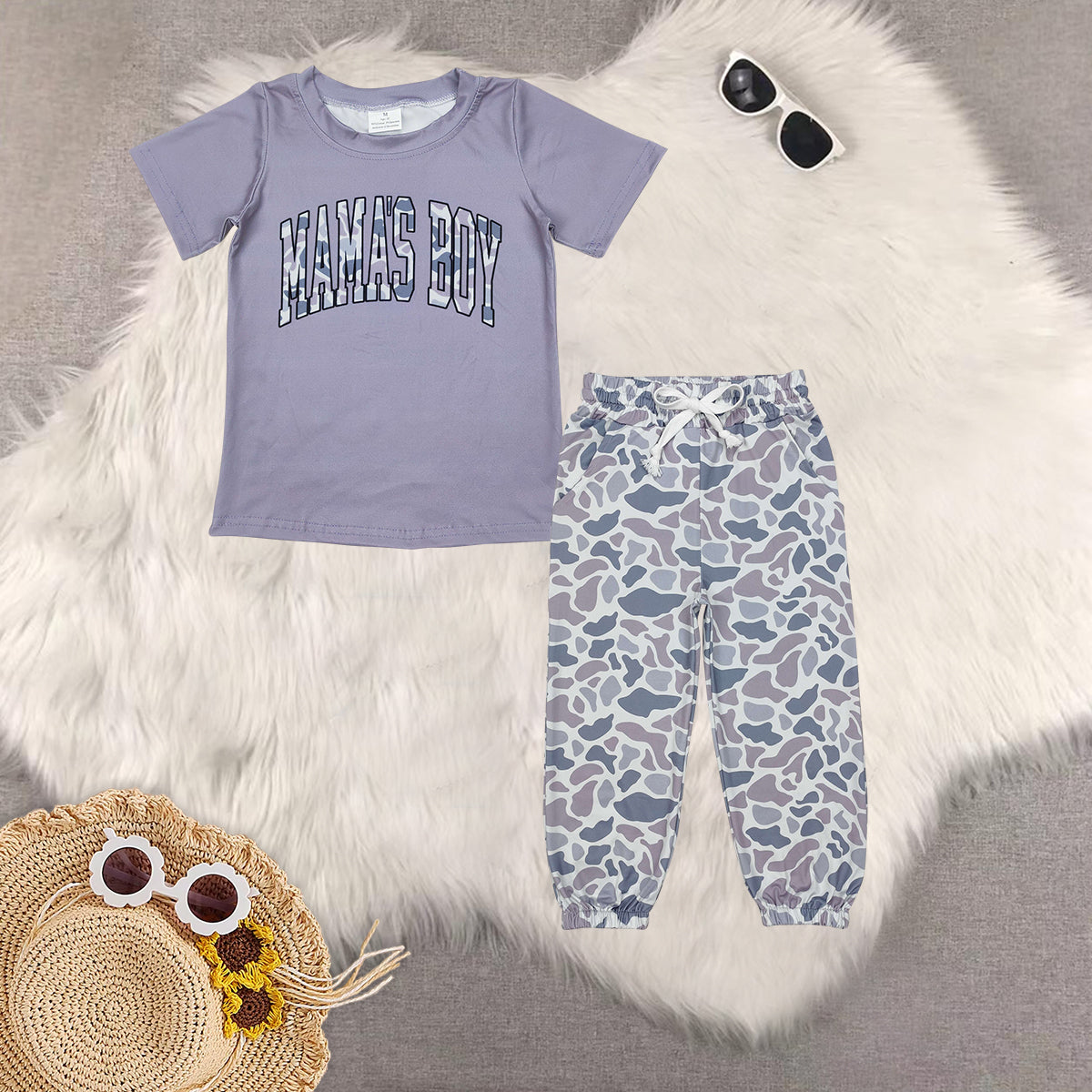 RTS NO MOQ BT1187+P0651 MAMA BOY Camouflage beige short-sleeved top drawstring trousers sets