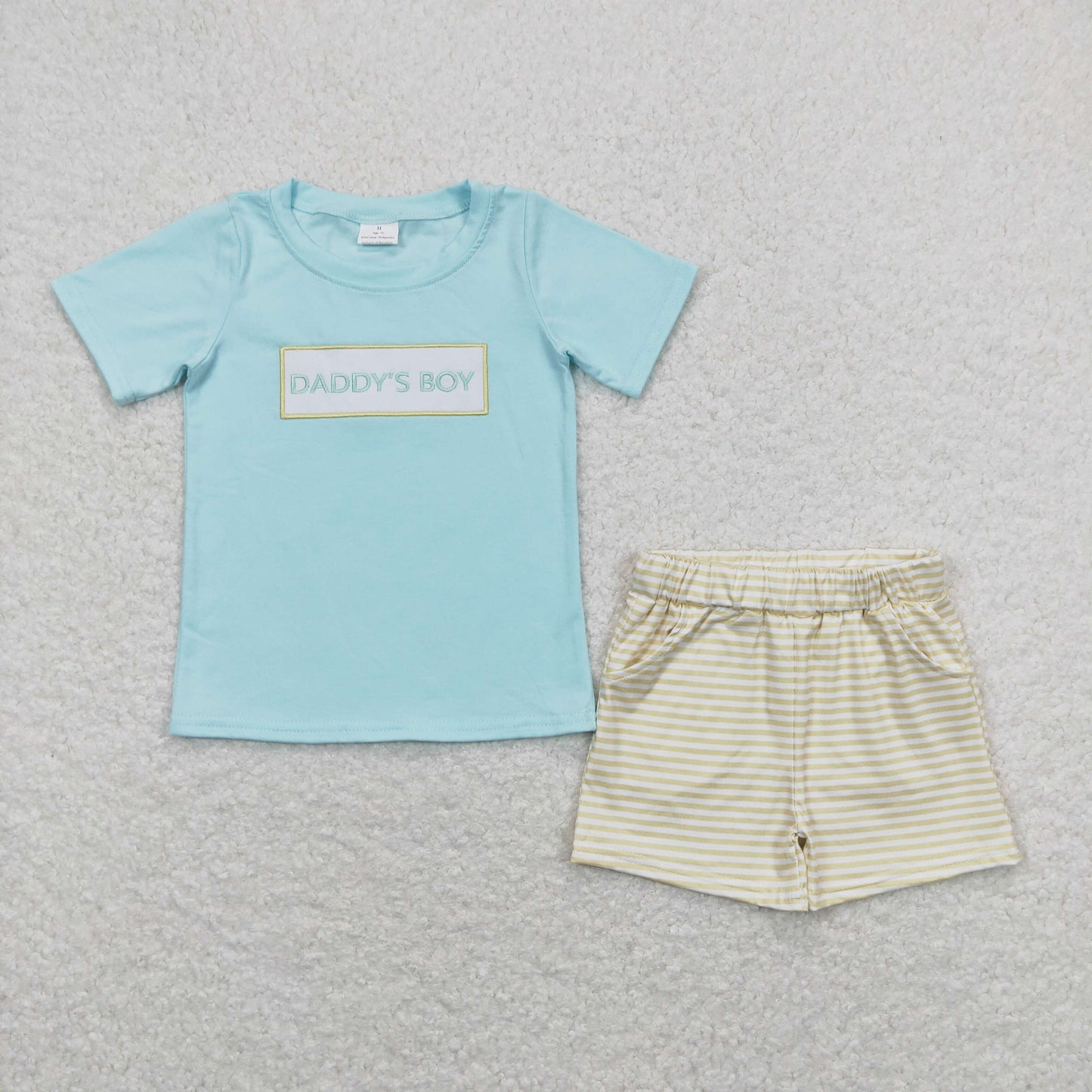 RTS NO MOQ(In Stock) daddy's boy blue short-sleeved yellow striped shorts suit with embroidered letters’
