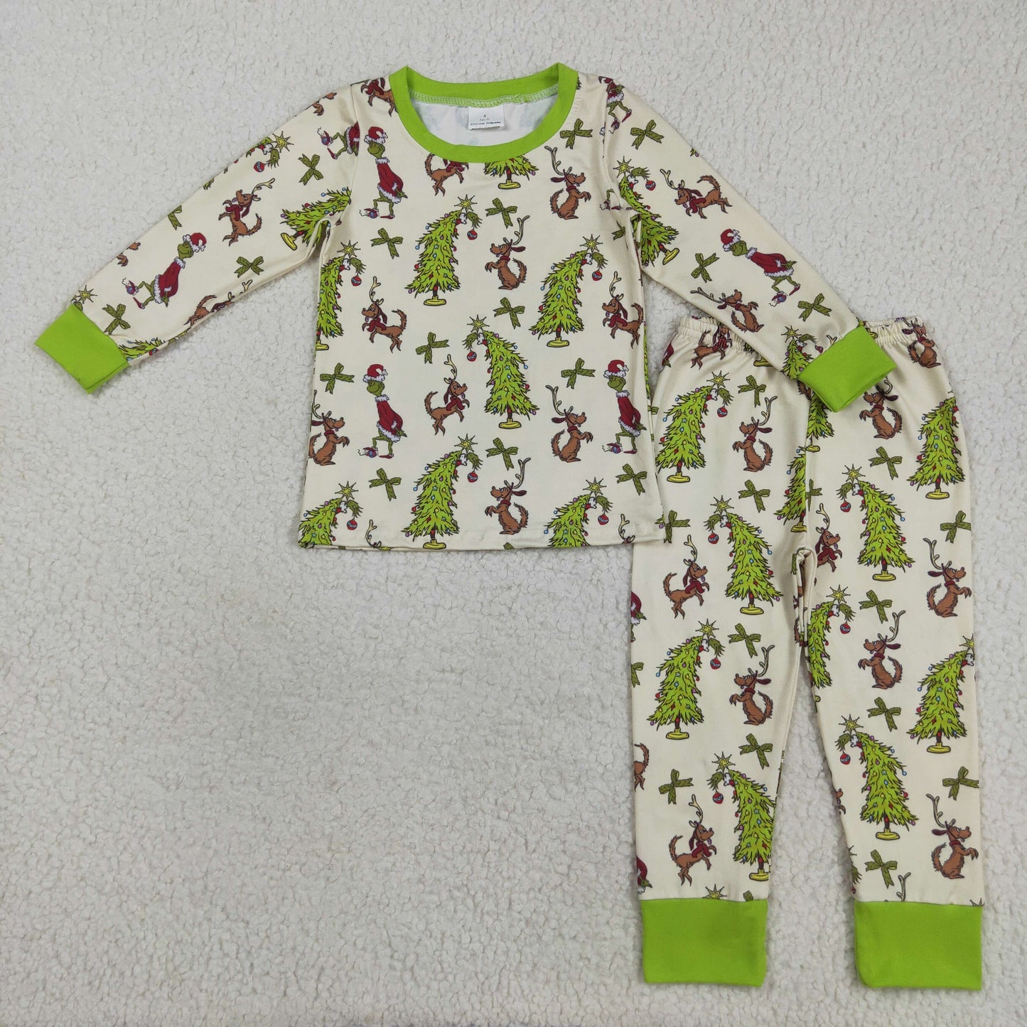 RTS NO MOQ(In Stock) GLP2627 CARTOON Christmas Tree Puppy Green Bow Pattern Long-Sleeved Pants Pajama Set