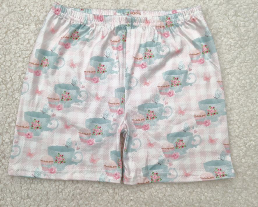 RTS SALES NO MOQ粉色小花蓝色茶壶粉白色短裤Pink flowers, blue teapot, pink and white shorts