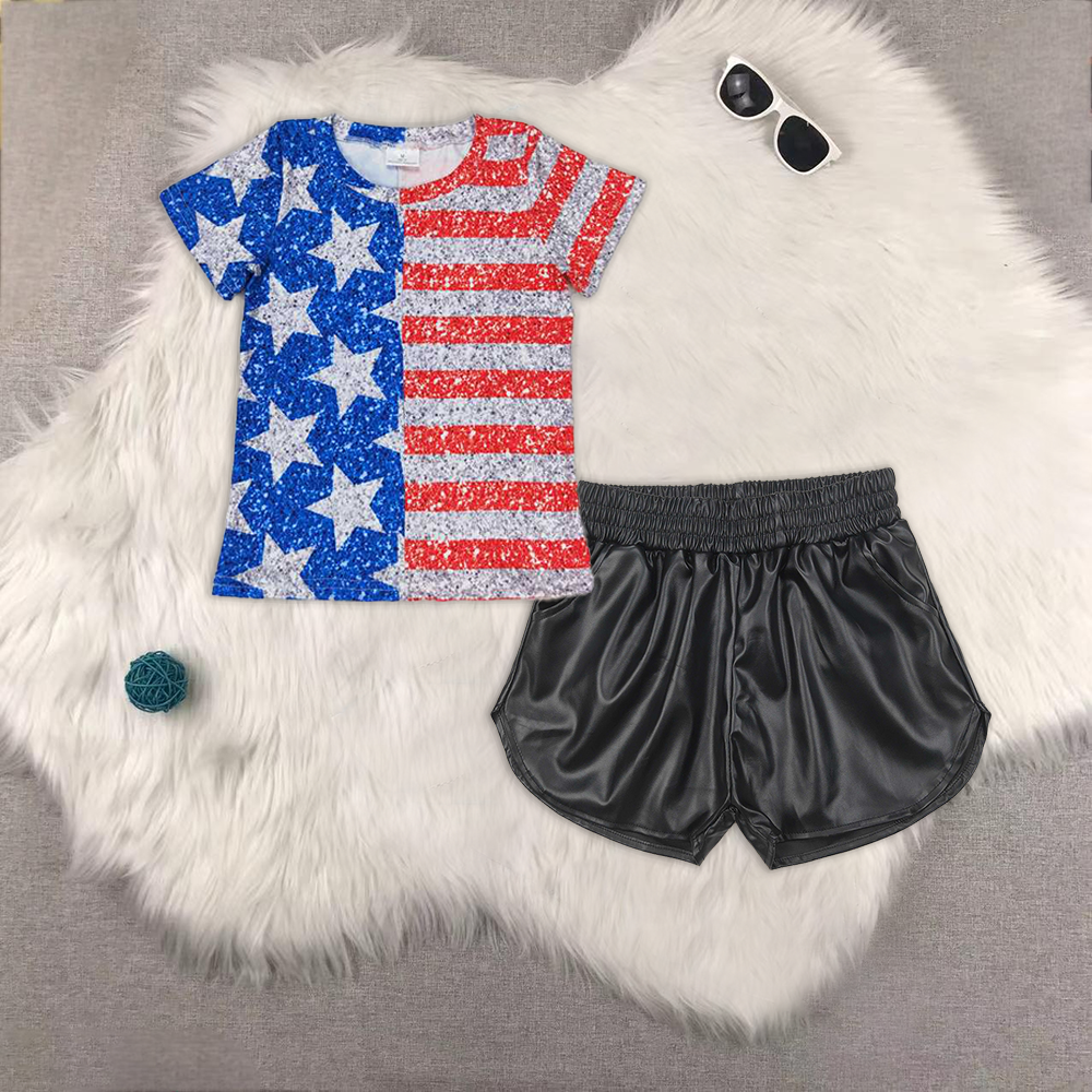 RTS NO MOQ ETA 5/7days Arrived GT0584+SS0413 star stripe patchwork short-sleeved top Glossy leather black shorts sets