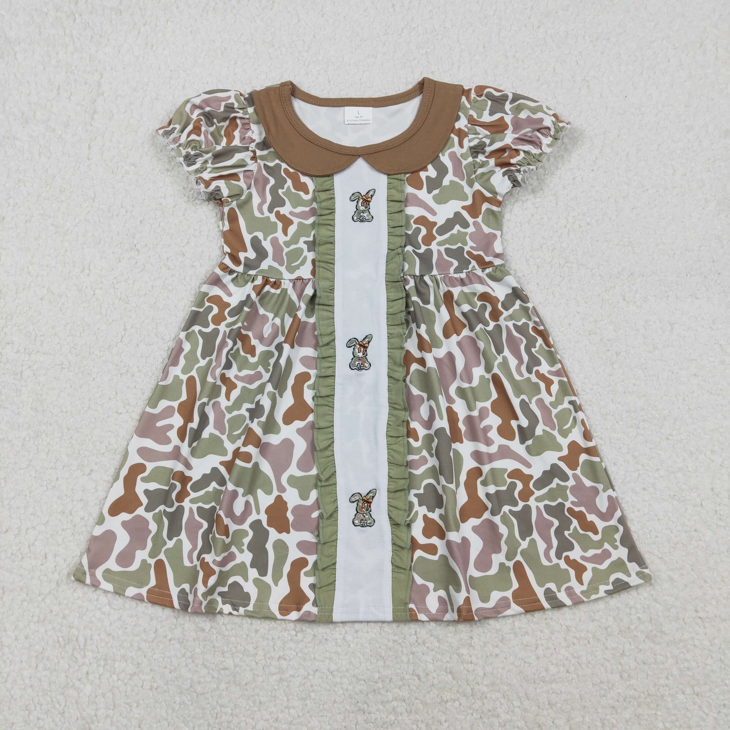 RTS NO MOQ(In Stock ) Embroidered Bow Camouflage Rabbit Lace Peter Pan Collar Short-Sleeve Dress