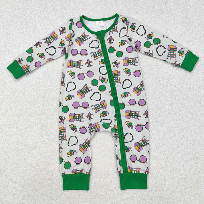 RTS NO MOQ Mardi Gras long-sleeved romper & short-sleeved pants set