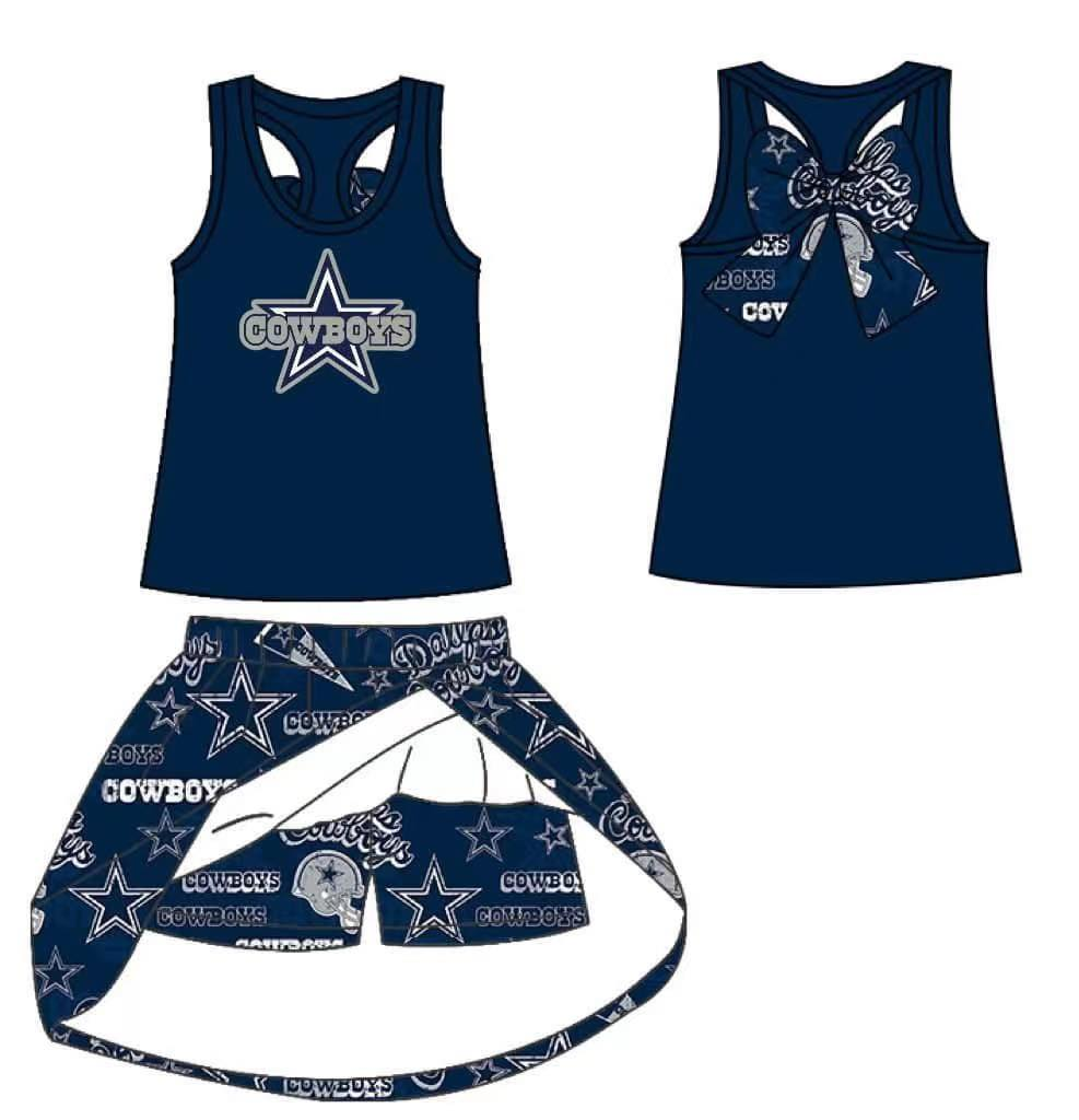 custom moq 3 eta 6-7weeks team summer baby girls clothes blue sleeveless shorts skirts sets-25.5.6