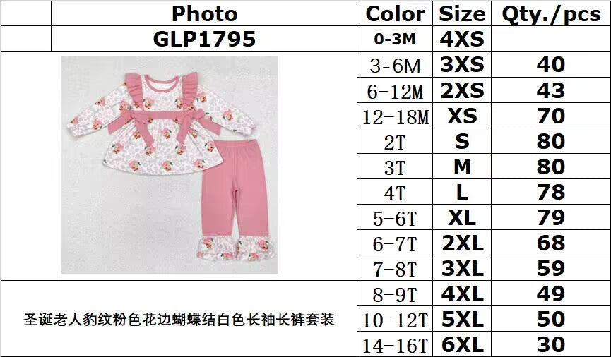 RTS NO MOQ ETA 5/7days Arrived GLP1795 Santa Claus leopard print pink lace bow white long sleeve trousers set
