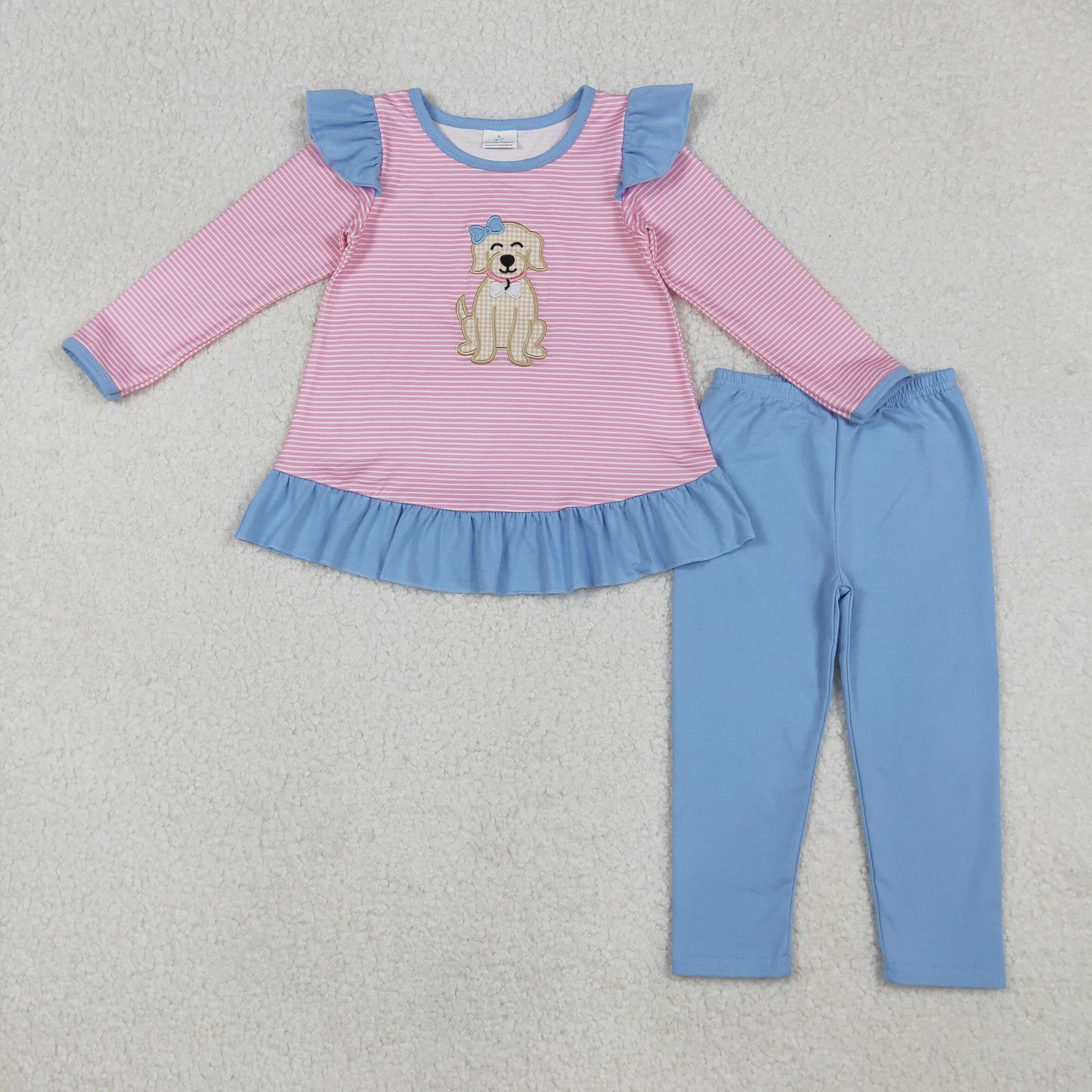 RTS NO MOQ(In Stock) GLP2725 Pink and white striped long-sleeved blue pantsuit with embroidered bow and puppy lace