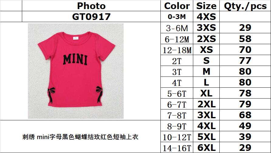 RTS NO MOQ ETA 5/7days Arrived GT0917 Embroidered mini letters black bow rose red short-sleeved top
