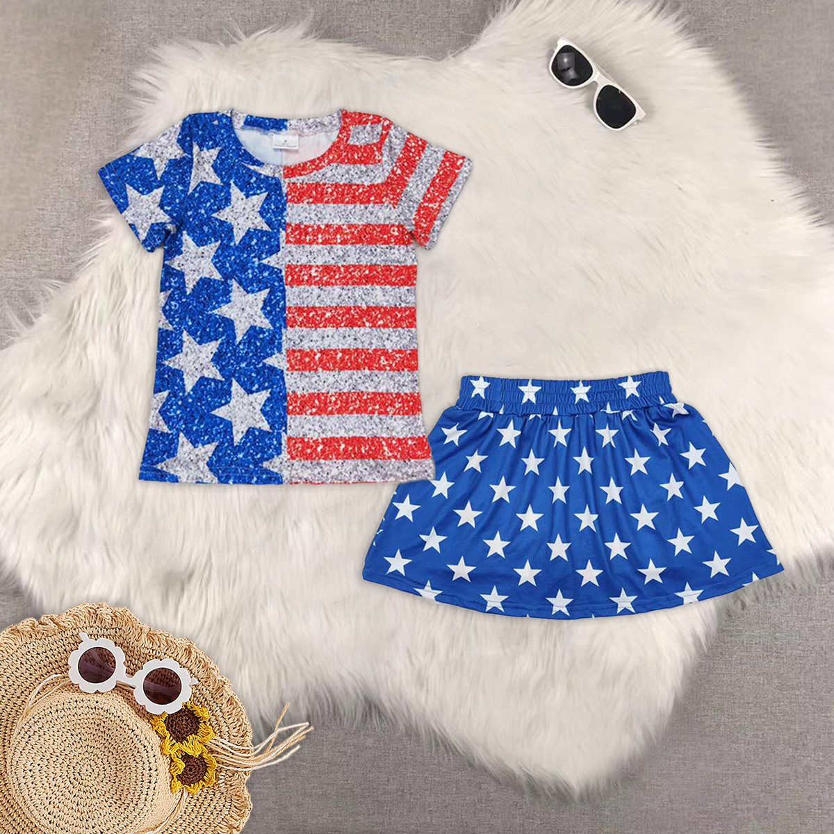 RTS NO MOQ GT0584+GLK0051 blue stars short-sleeved top star striped blue pants skirt sets