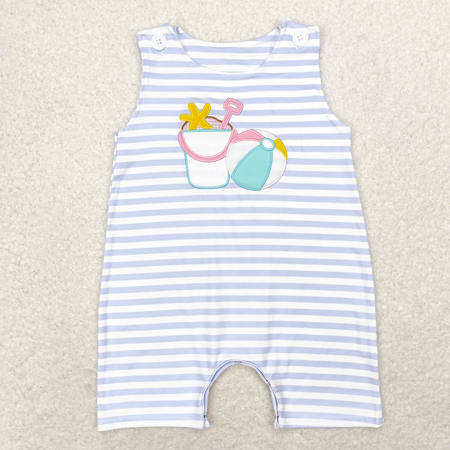 RTS NO MOQ(In Stock) Embroidered beach ball starfish bucket blue and white striped sleeveless jumpsuit