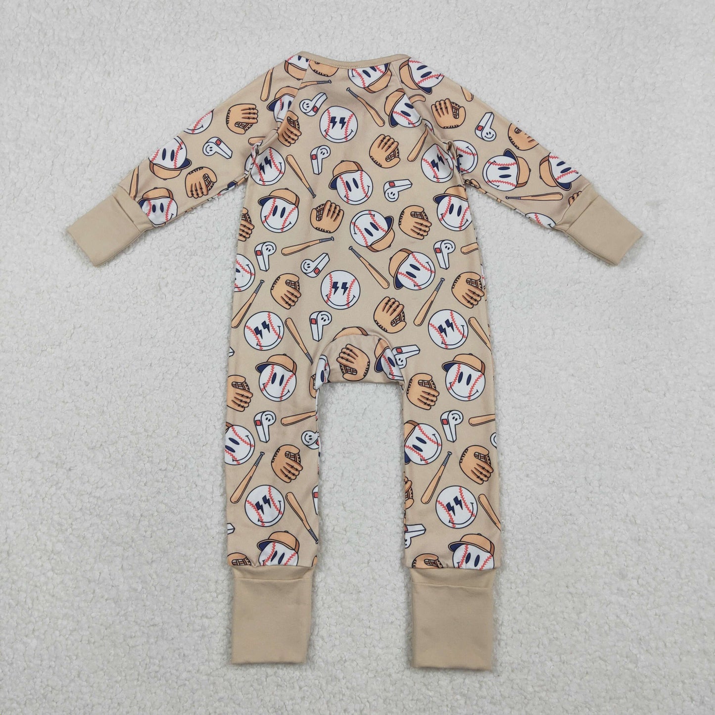 RTS NO MOQ(In Stock ) LR2816 Baseball Smiley Face Khaki Zipper Long-Sleeved Bodysuit