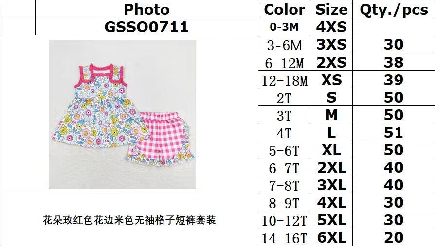 GSSO0711 Floral rose red lace beige sleeveless plaid shorts suit