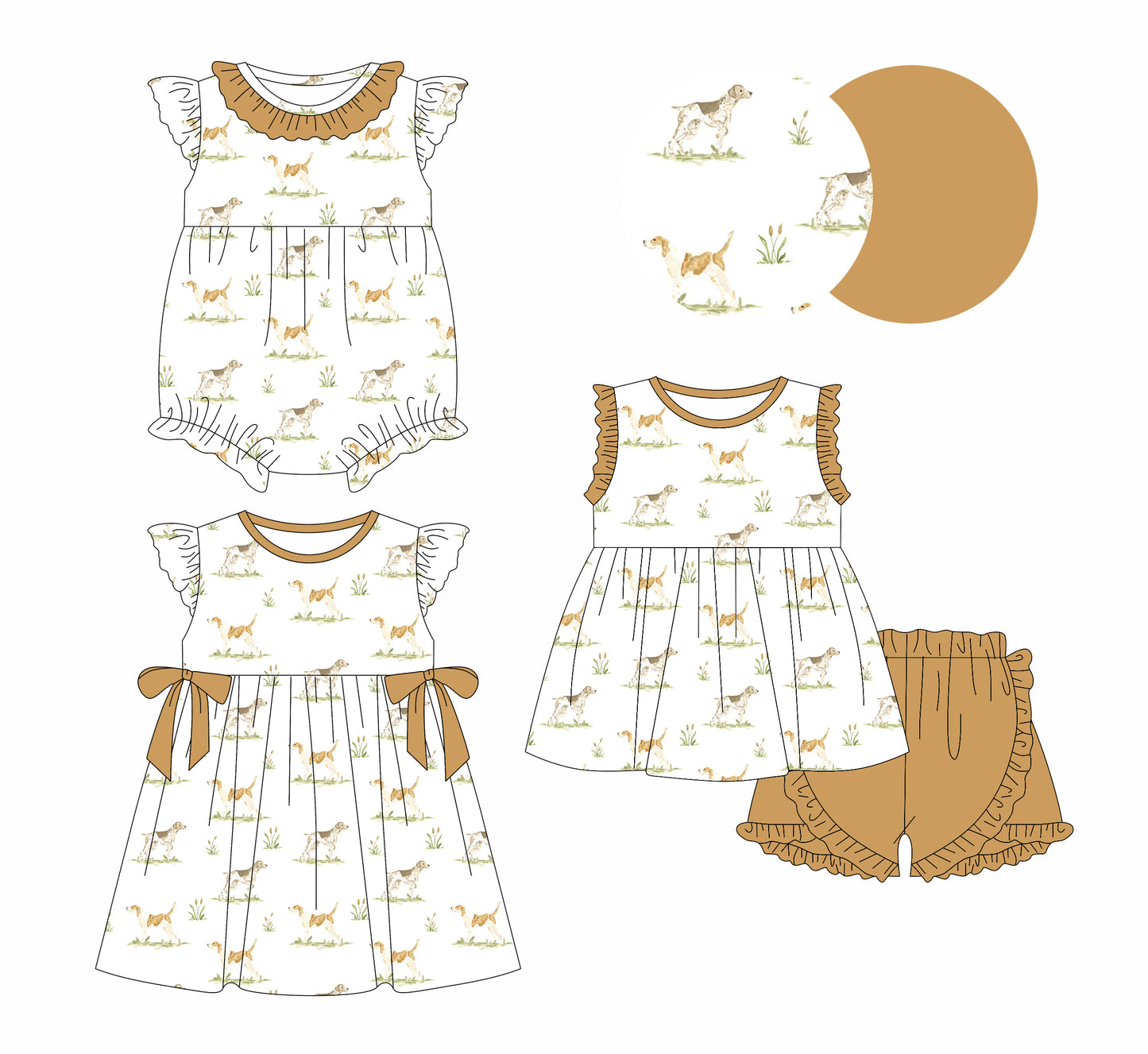 3.17 custom each style moq 5eta 4-6week Sibling Sisters puppy baby girl short sleeve shorts sets and dress and rompers match family design