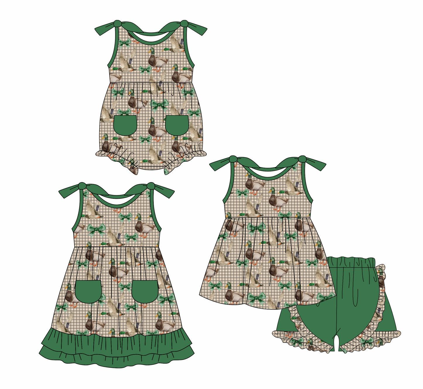 1.7 custom each style moq 5eta 4-6week Sibling Sister duck baby girl short sleeve shorts sets and dress and rompers match family design