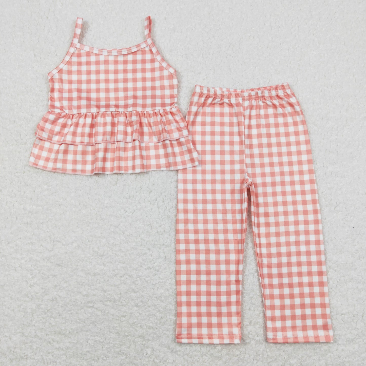 GSPO1377 Orange and white plaid lace suspender pants suit