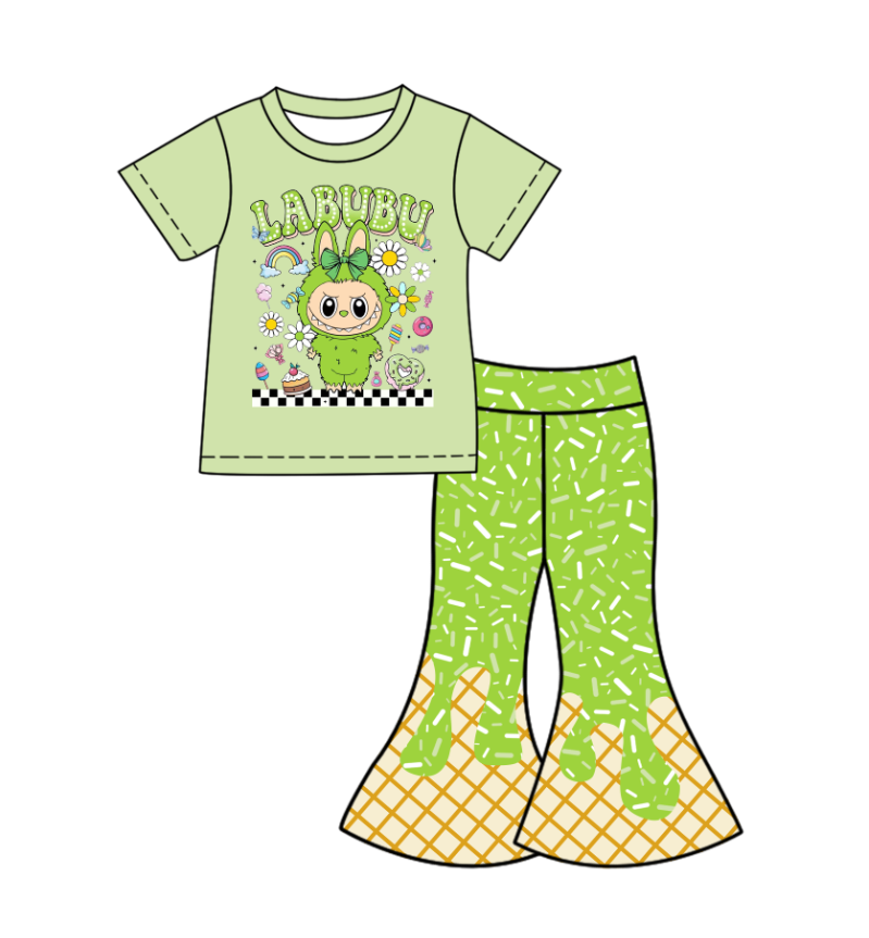Custom moq 5 mix size milk silk baby girl clothes cartoon green short sleeve pants sets