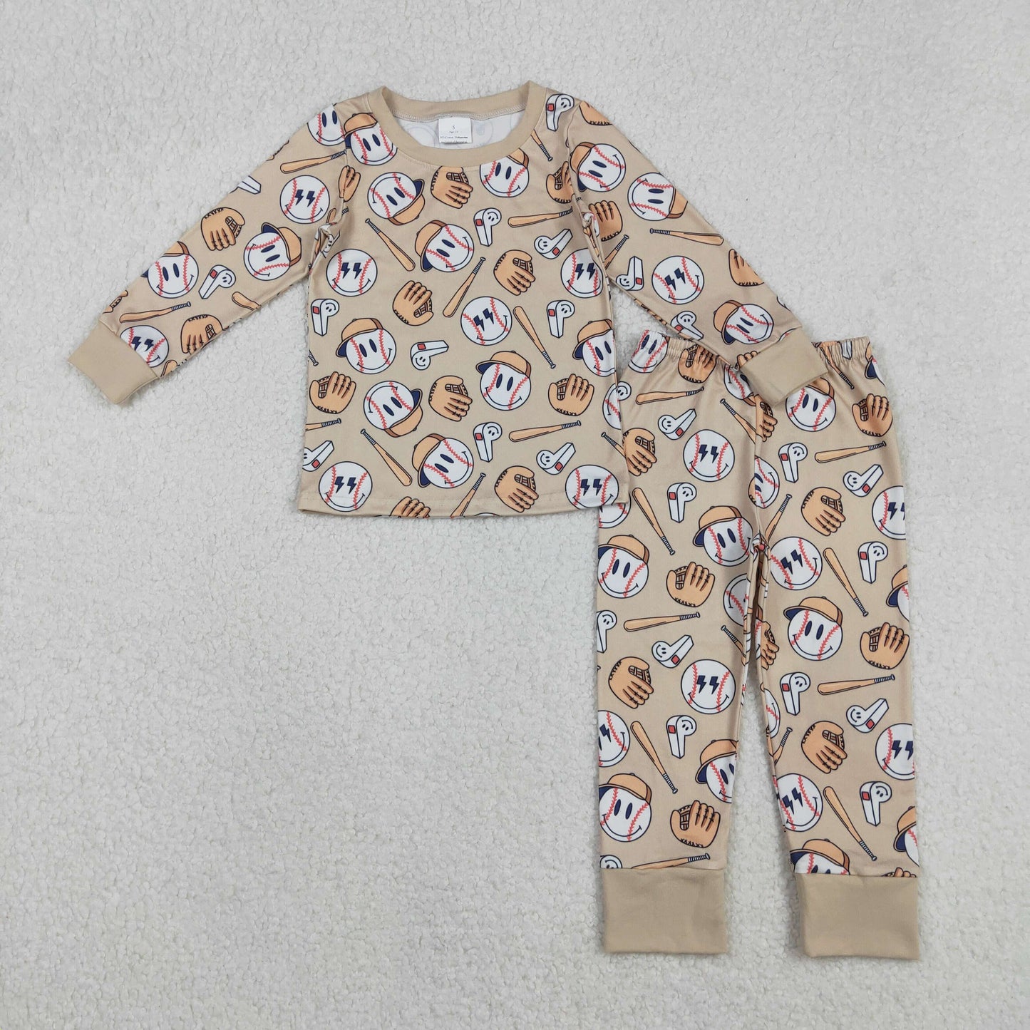 RTS NO MOQ(In Stock ) BLP1346 Baseball smiley face khaki long-sleeved pants pajama set