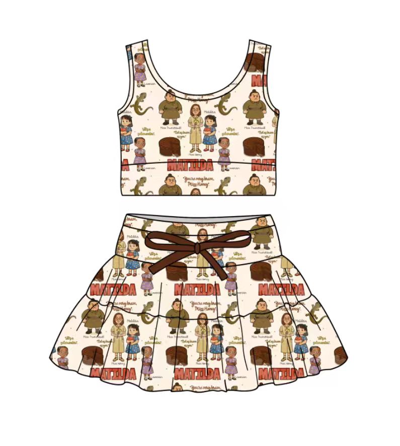 Custom moq 5 mix size milk silk baby girl clothes summer cartoon sleeveless skirts sets