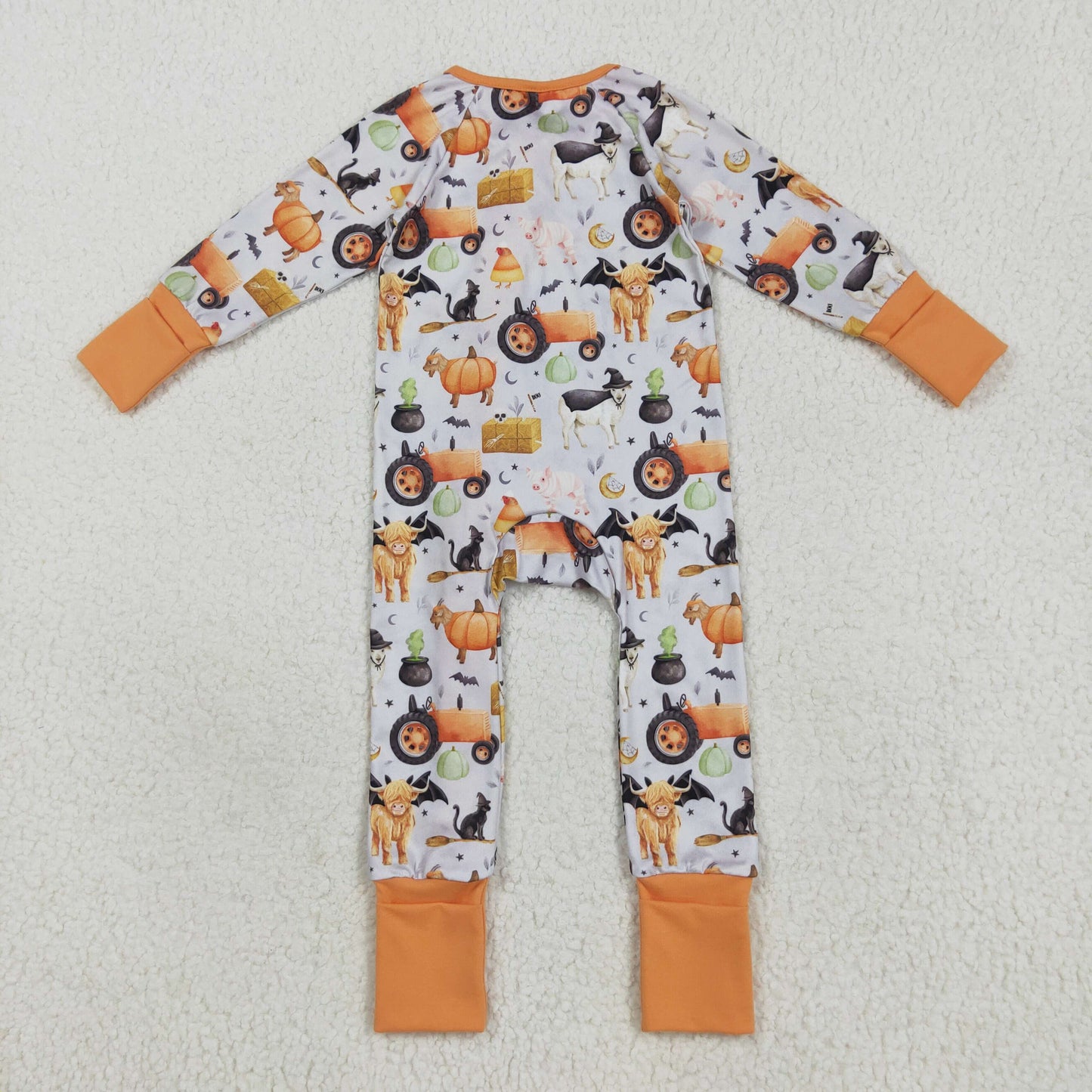 RTS NO MOQ(In Stock) LR2444 Halloween Farm Animal Tractor Orange and Gray Zippered Long-Sleeved Bodysuit