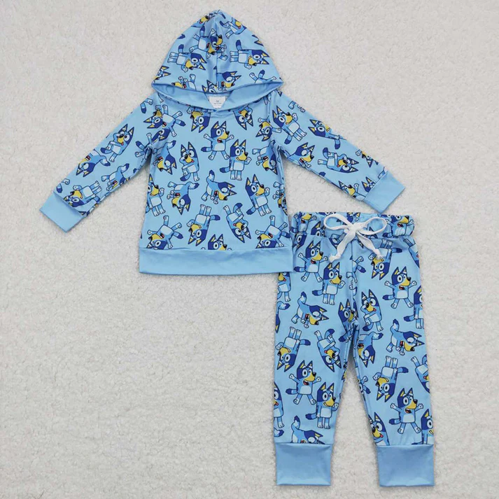 RTS NO MOQ Baby Boys Hooded Blue Dogs Shirts Hooded Clothes Sets