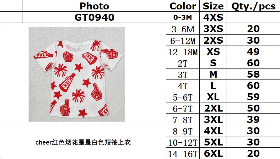 RTS NO MOQ ETA 5/7days Arrived GT0940 Cheer red fireworks star white short-sleeved top
