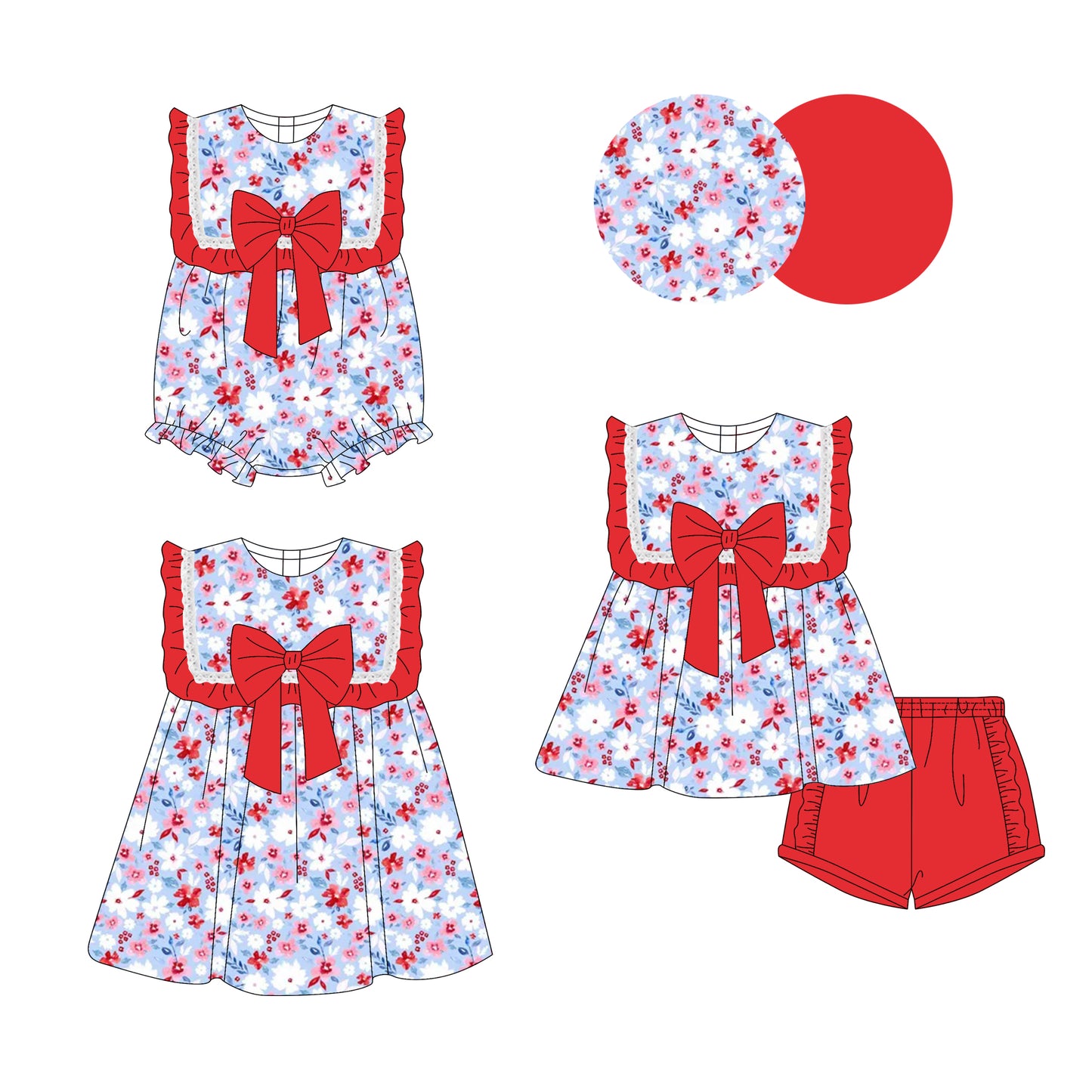 3.18 custom each style moq 5eta 4-6week Sibling Sisters floral baby girl short sleeve shorts sets and dress and rompers match family design
